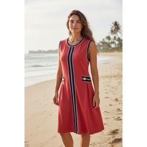 Lilly Pulitzer Shift Dress Women Coral Pink Navy Ric-Rac Trim 18151 Large